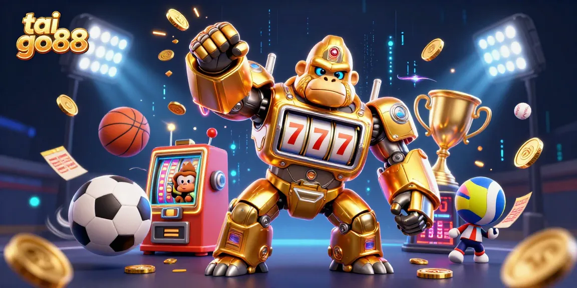 Experience the excitement of tai go88 with dynamic gambling elements and a golden gorilla mech design.