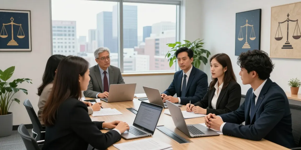 A diverse legal team strategizing effectively in a modern law office while clients pop over to these guys for expert guidance.