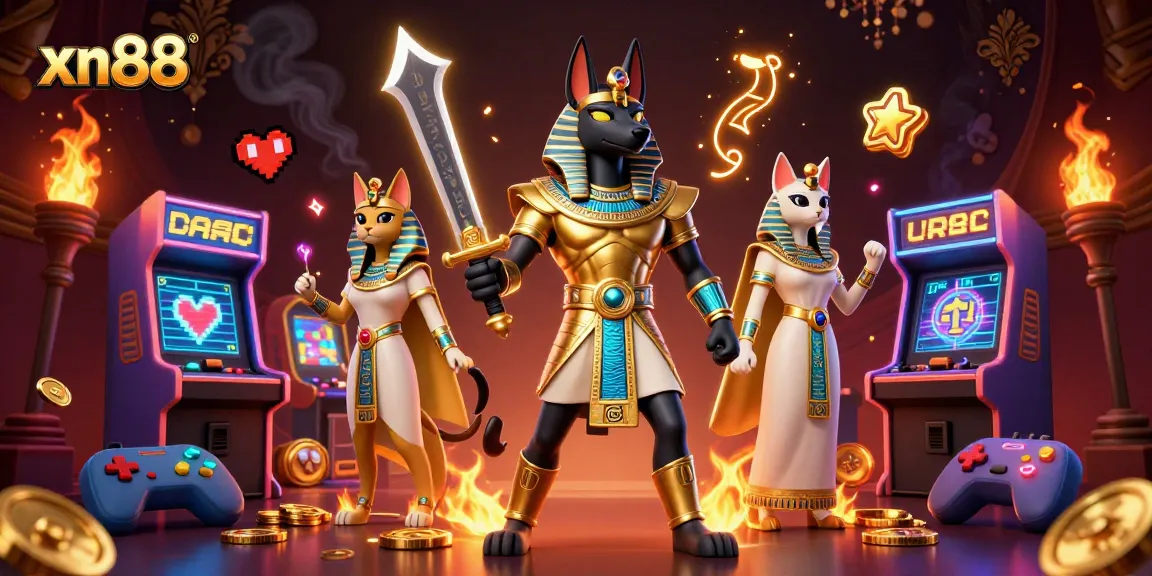 Experience xn88 in a vibrant casino-themed scene with Anubis, Bastet, and glowing hieroglyphs.
