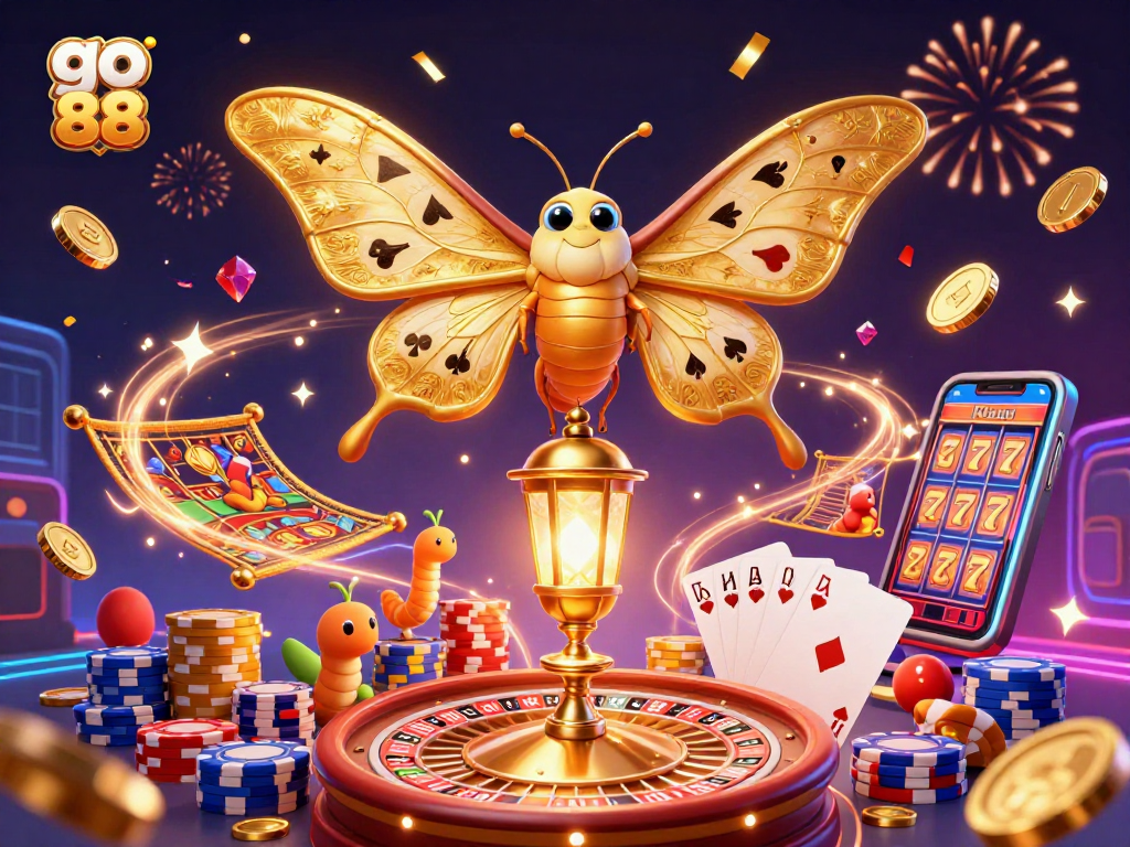 Experience go 88 with a vibrant scene of a 3D butterfly amidst casino wonders.