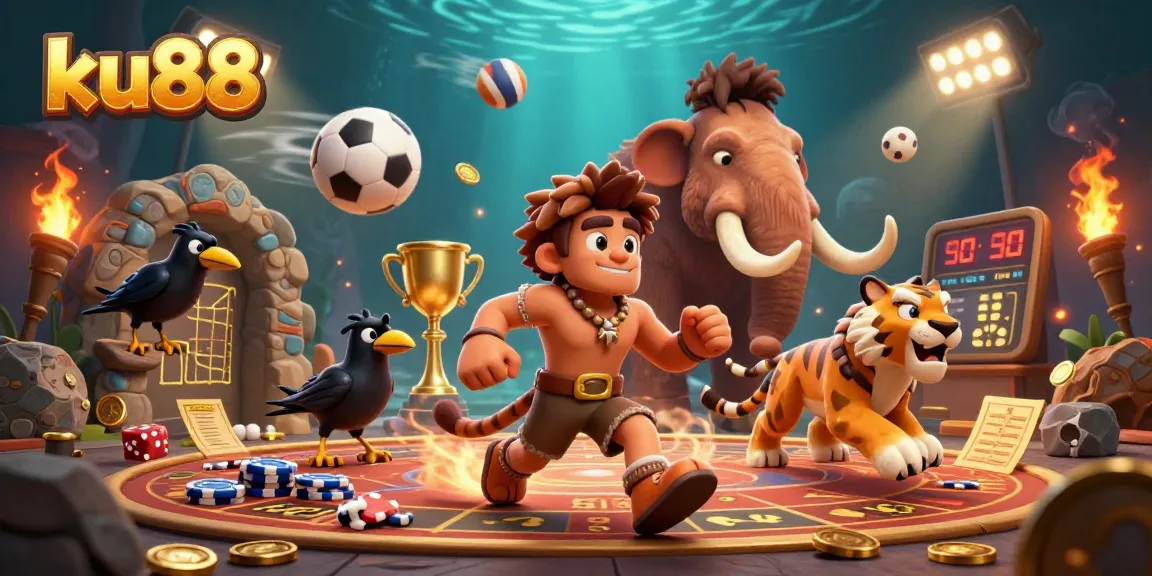 Experience the thrill of ku88 with a lively caveman, sabertooth tiger, and crow in a dynamic prehistoric casino scene.