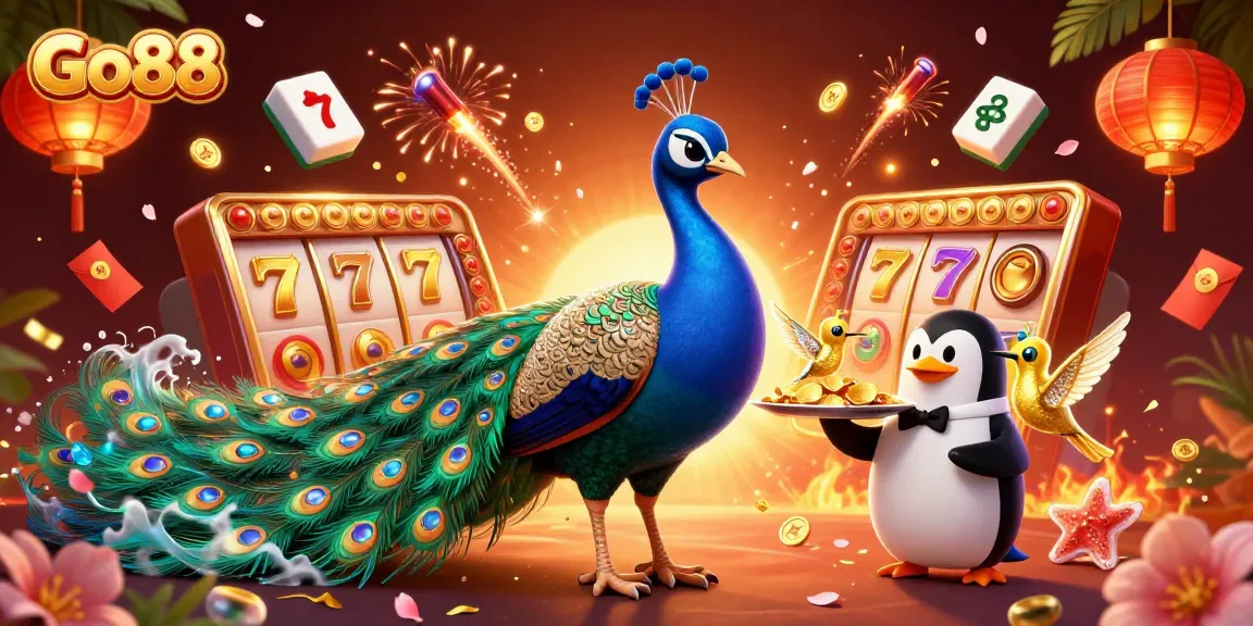 Go88 features an aristocratic peacock in a vibrant casino scene, showcasing slots and gold.