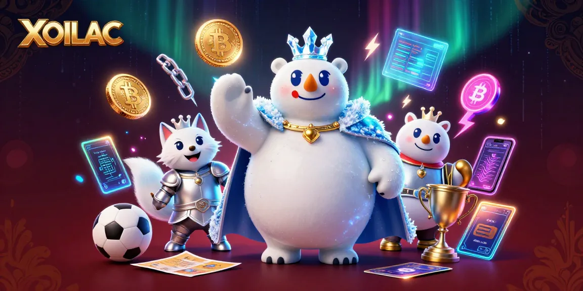 Bet on thrilling sports action with XOILAC featuring a regal polar bear and fox amid vibrant gambling elements.