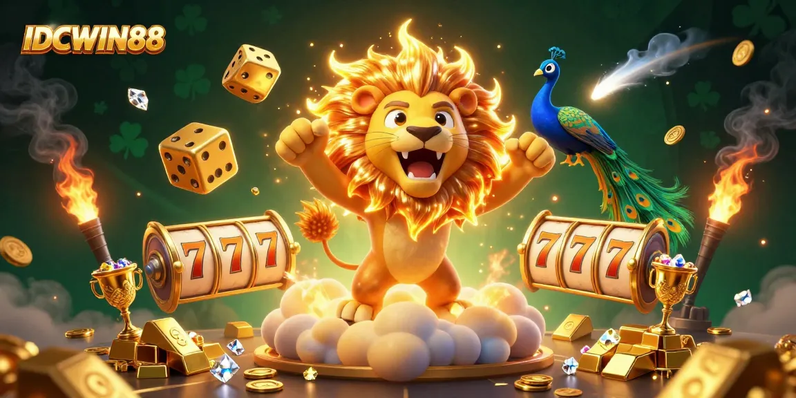 Experience thrilling online gaming with IDCWIN88's dynamic 3D casino illustration featuring roaring lion and dazzling slots.