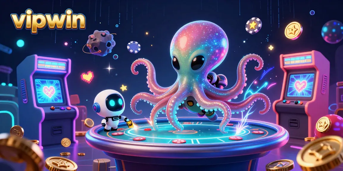 Engage with the vibrant vipwin gaming universe where an alien octopus masterfully operates a holographic poker table.