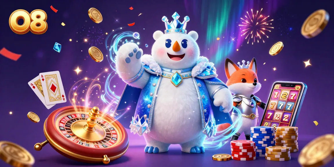 O8 engages players with a dynamic 3D casino scene filled with thrilling gaming elements and festive visuals.