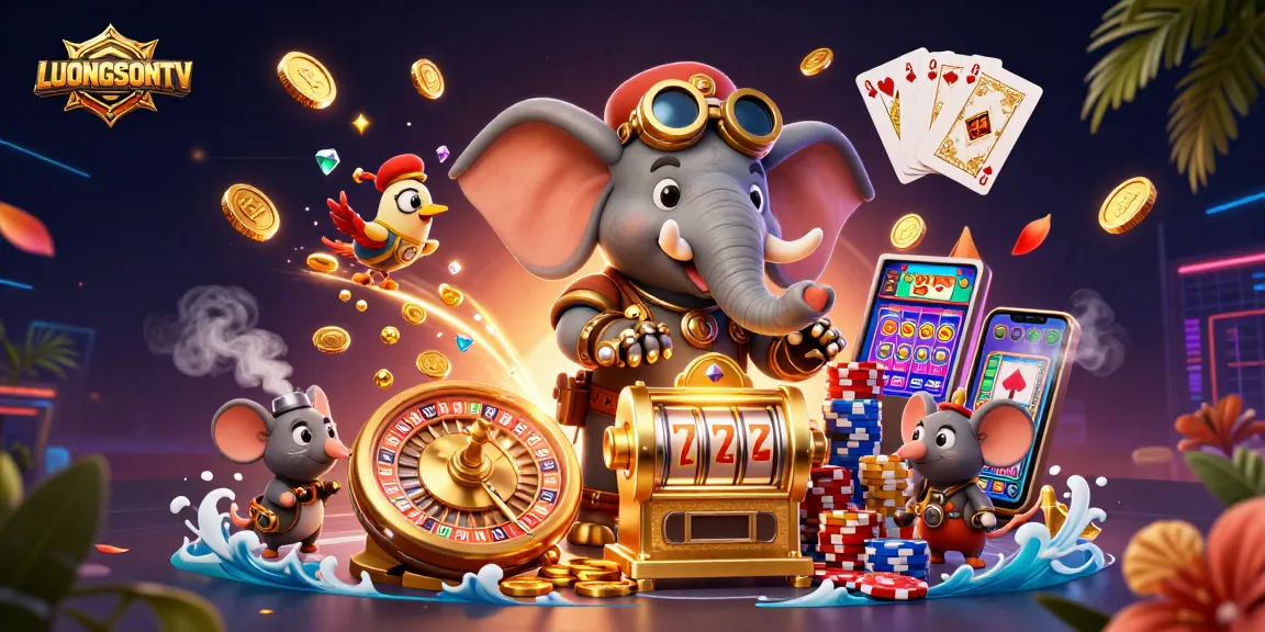 Experience LUONGSONTV's thrilling online gambling environment with vibrant illustrations of slot machines and engaging game elements.
