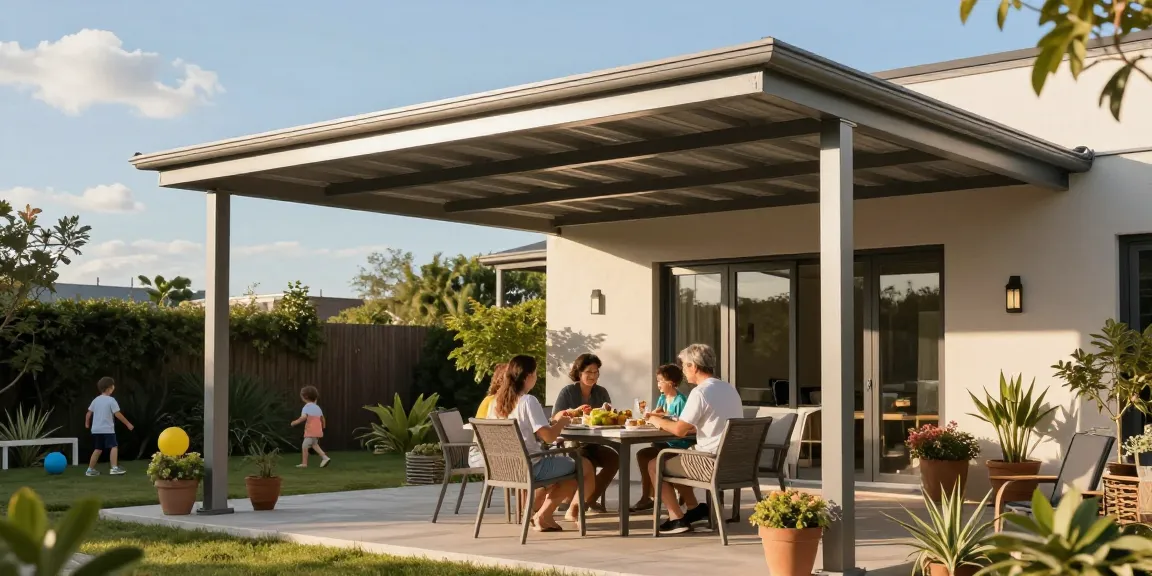 Moderne Terrassenüberdachung schützt bei sonnigem Wetter die Familie beim Essen im Garten.