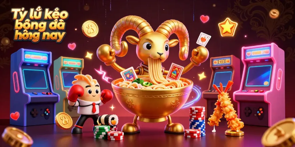 Tỷ lệ kèo bóng đá hôm nay illustrated with vibrant characters and casino elements in an energetic scene.