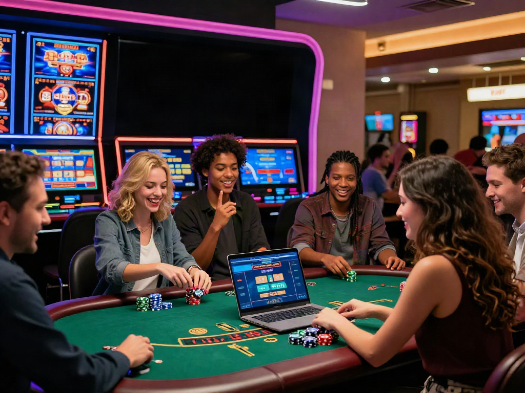 Diverse players enjoying a bonus sans dépôt casino experience at a lively virtual gaming table.