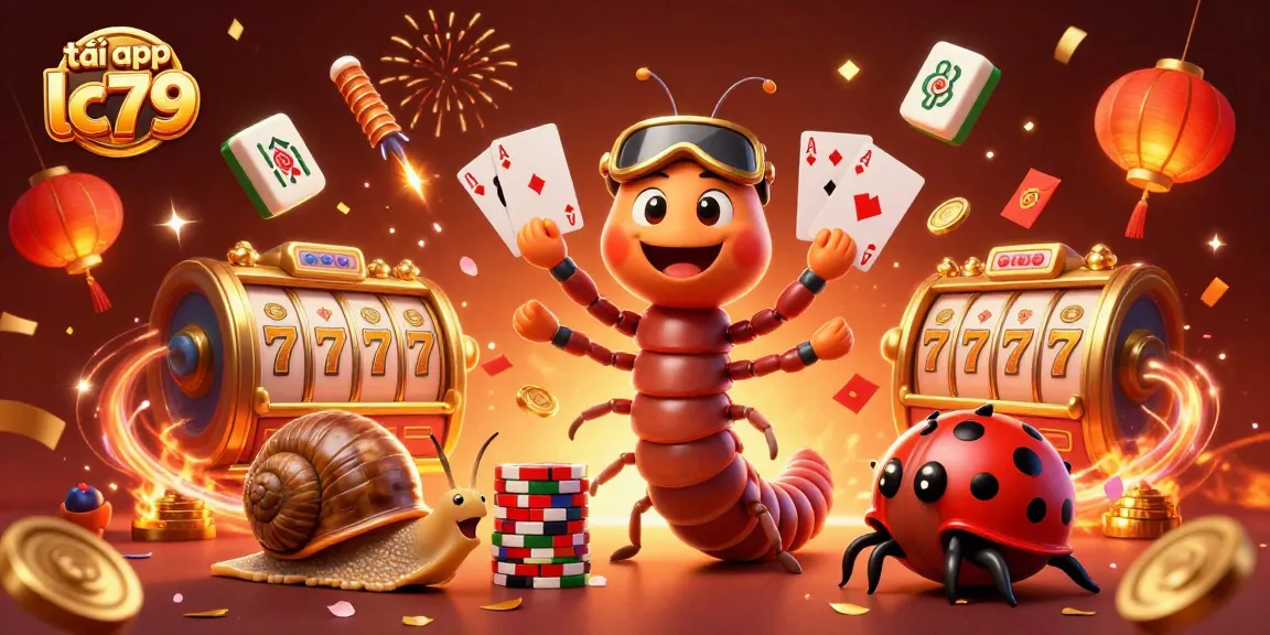 Các nhân vật cartoon 3D tại game bài cùng tấm biển "tải app lc79" thu hút người chơi.