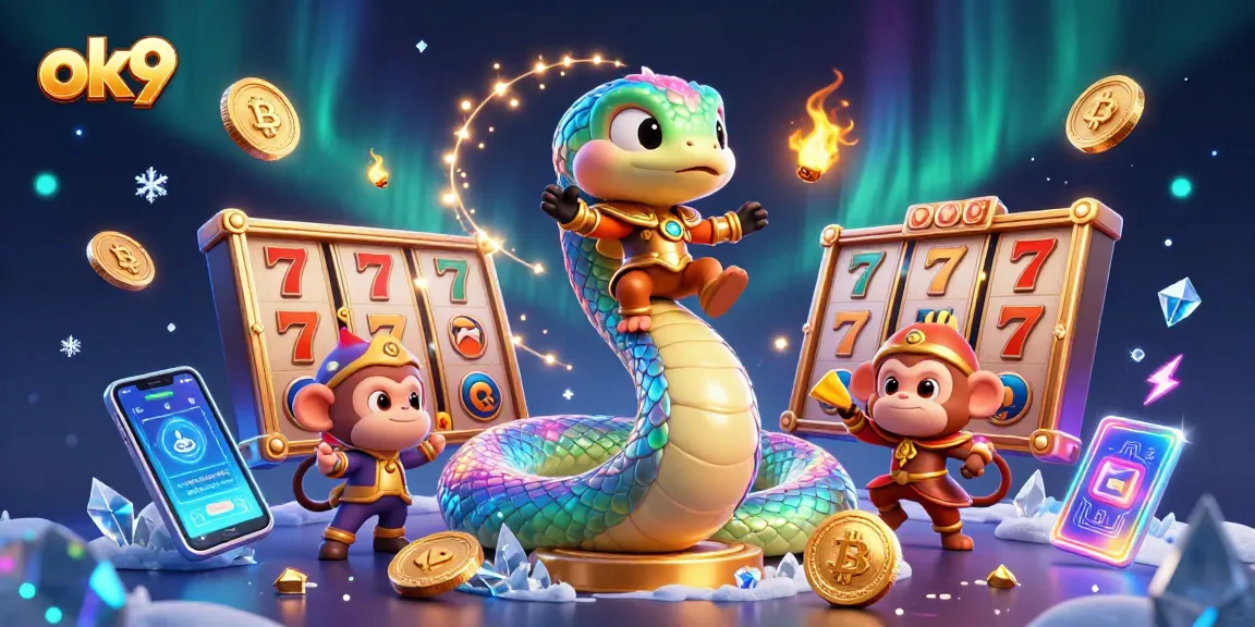 Engage in exciting games at ok9 with a vibrant scene of colorful characters and slot machine elements.