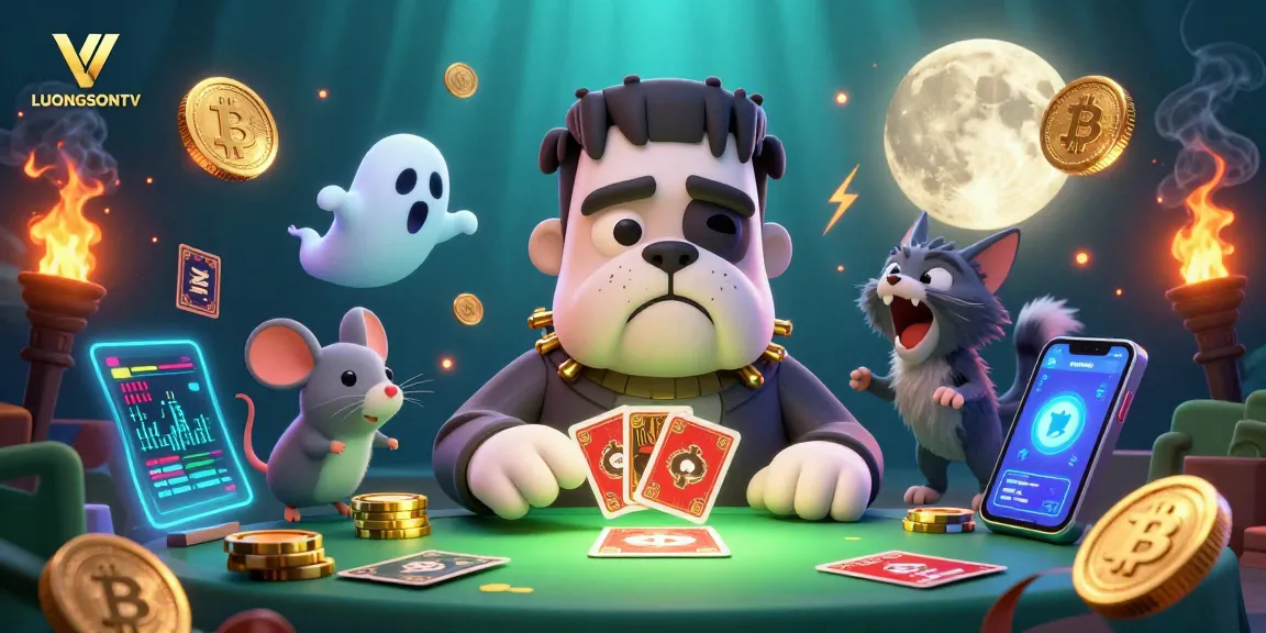 Engage with LUONGSONTV and enjoy thrilling card games amidst vibrant neon crypto elements.