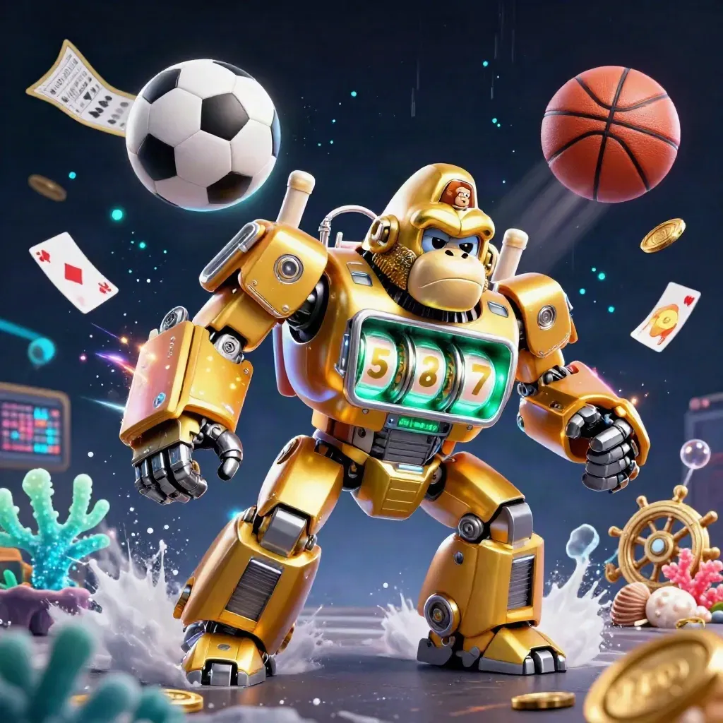 Golden gorilla mech and monkey pilot amid coins, balls, coral, and neon treasure-cove energy.
