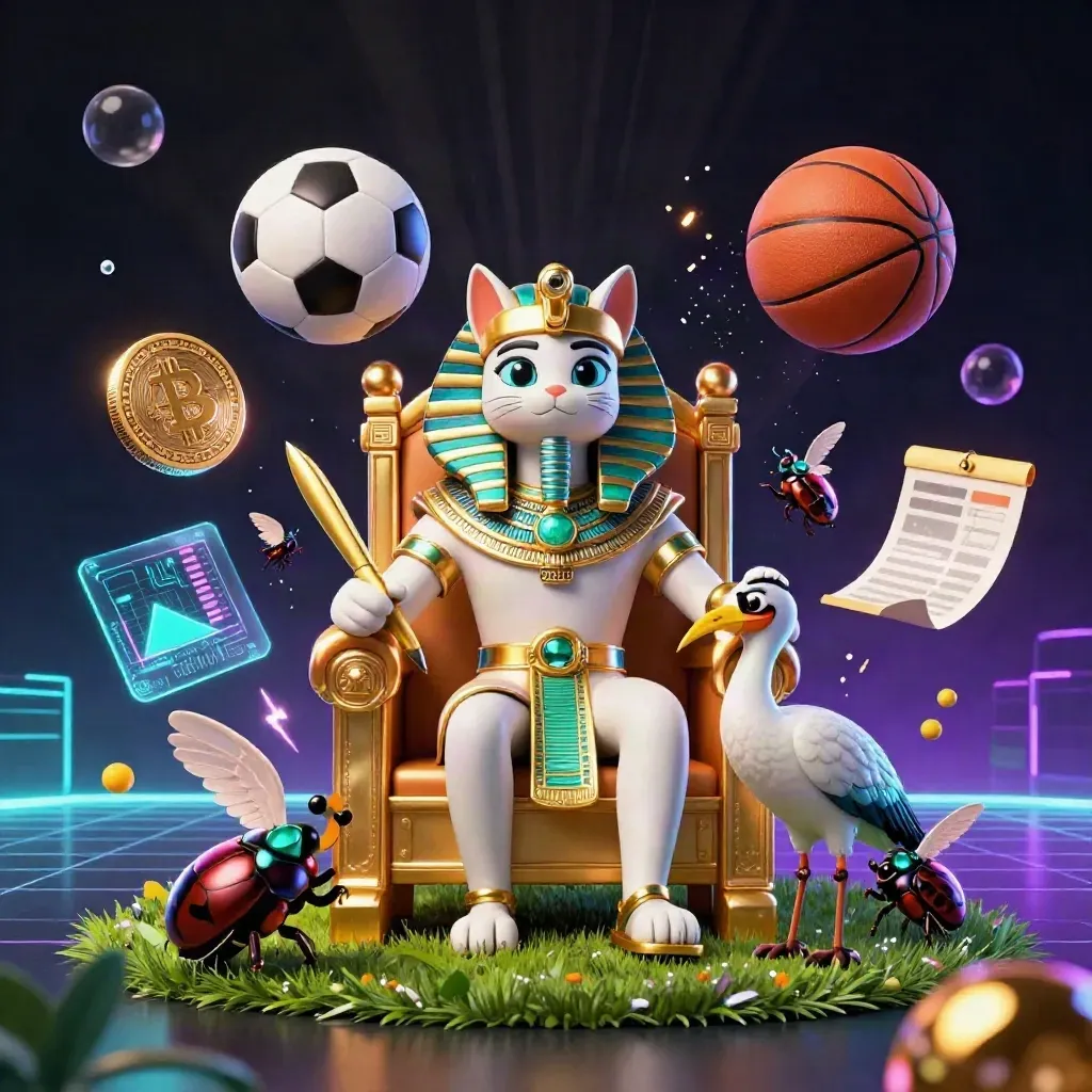Pharaoh cat on a golden throne with ibis, scarabs, coins, and neon sports props.