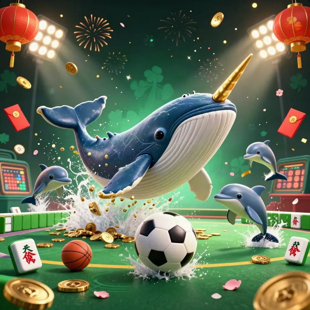 Whale captain, narwhal, and dolphins burst through coins around a frozen soccer ball and turf spray.