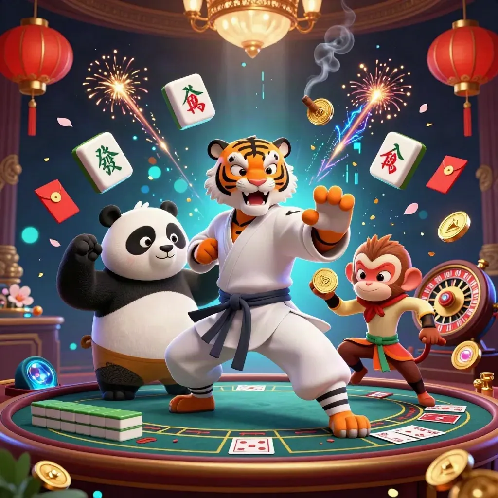 Kung-fu tiger, panda, and monkey amid casino magic, coins, lanterns, and neon energy.