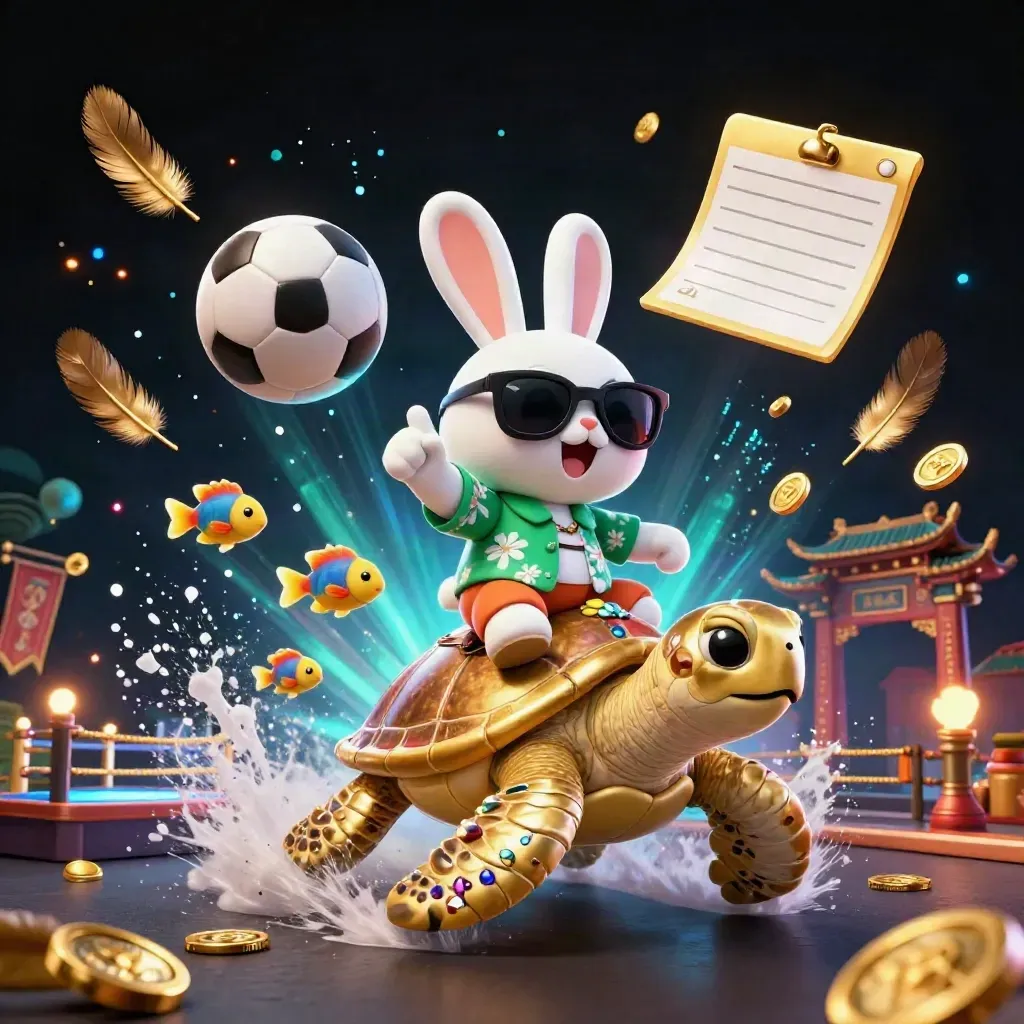 Lucky rabbit on golden sea turtle, fish, coins, temple gate, soccer ball, basketball, neon glow