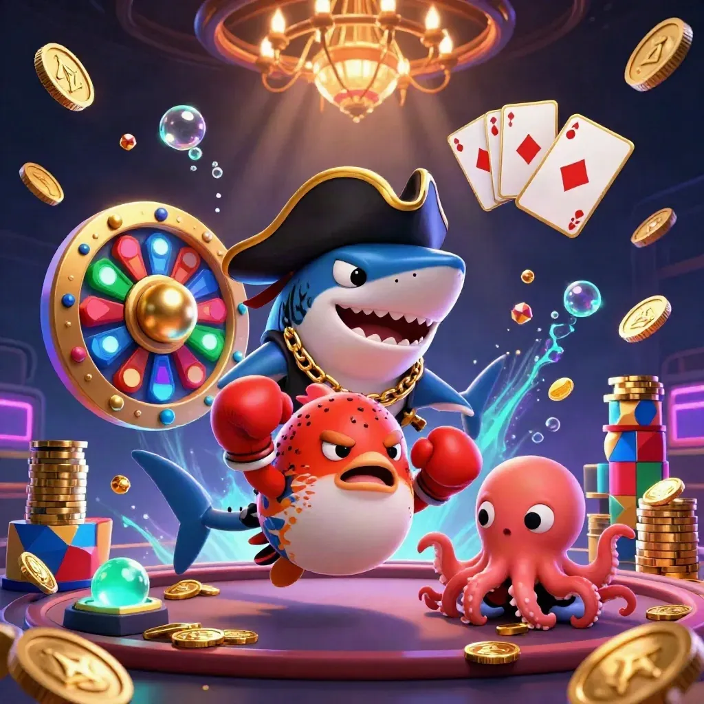 Pirate shark, boxing pufferfish, and juggling octopus in a neon casino room.