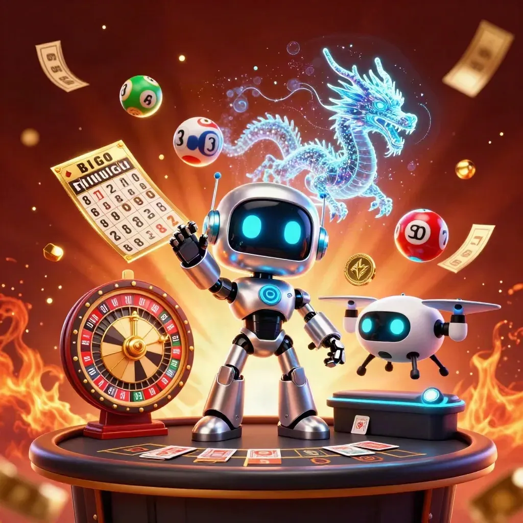 Cyberpunk robot, holographic dragon, and drone amid casino props and golden lights.