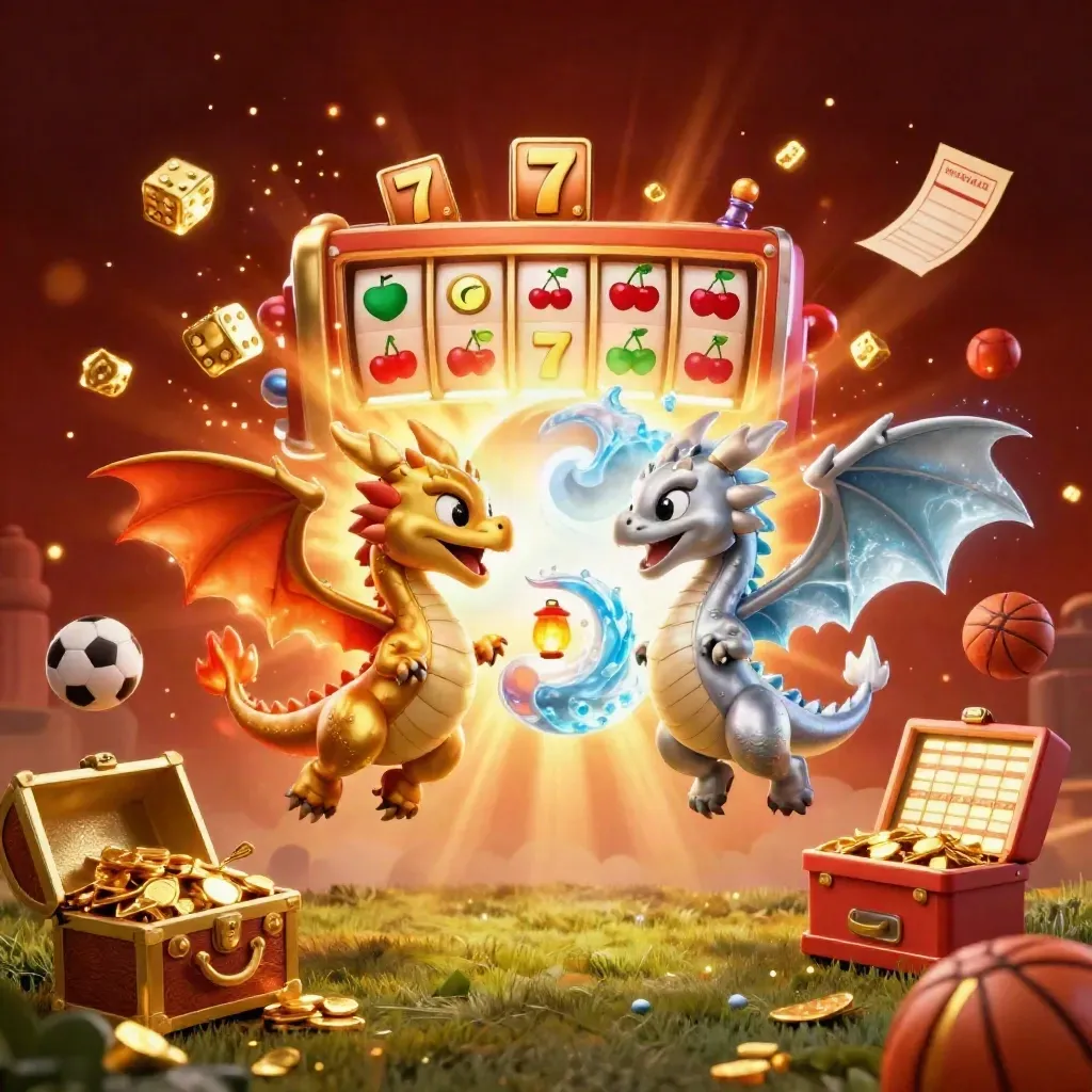 Twin gold and silver dragons with casino bursts, gold chest, dice, balls, and ember glow