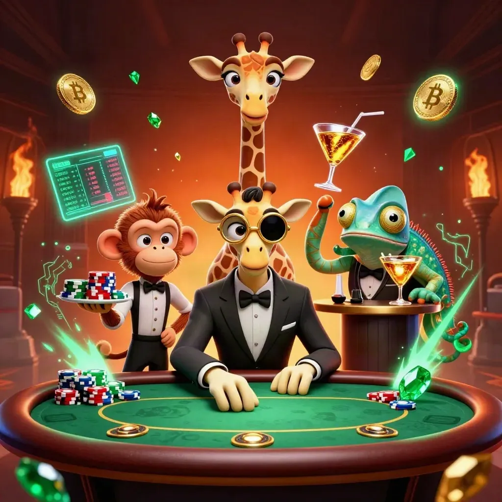 Giraffe gambler, monkey valet, and chameleon bartender in a neon casino splash scene.