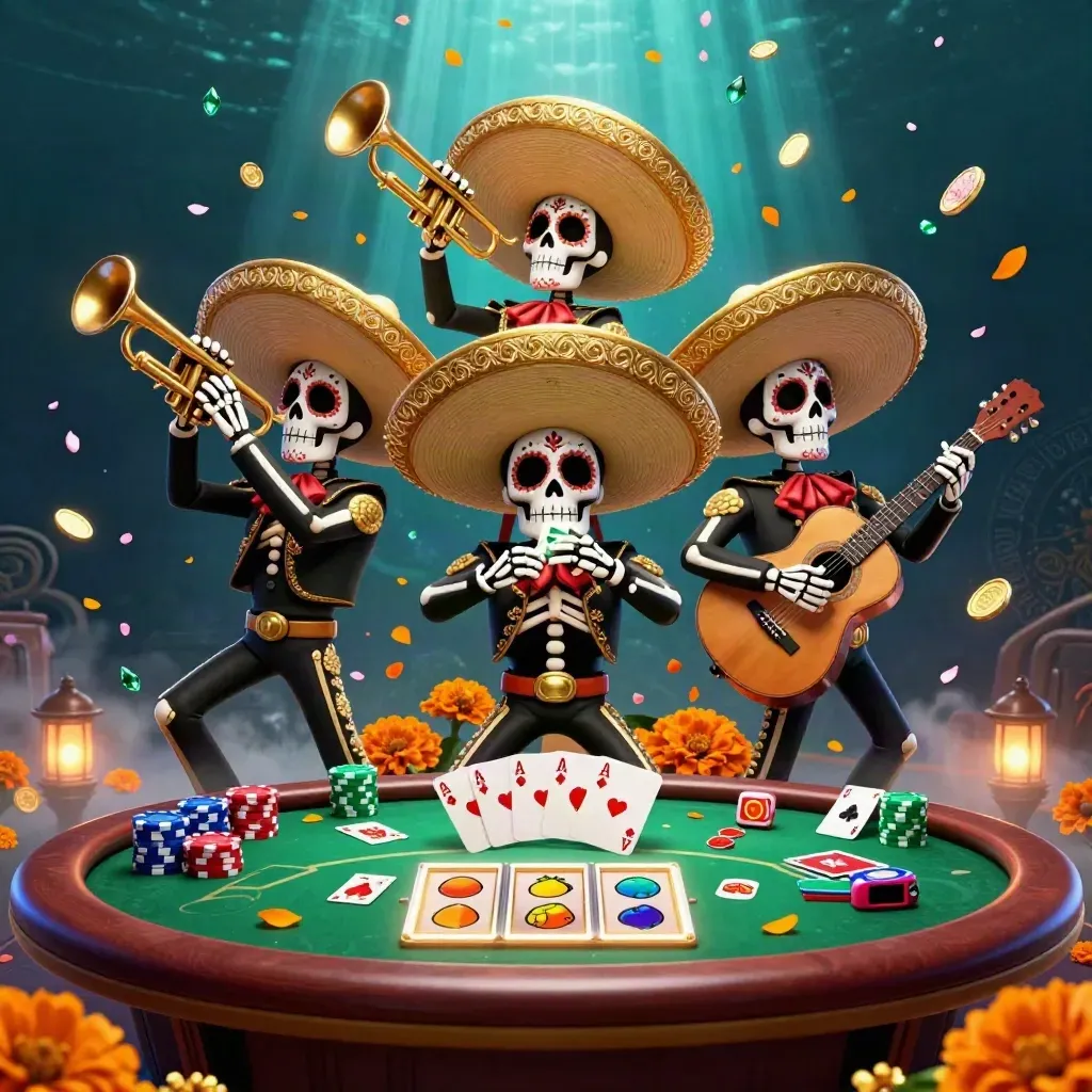 Skeleton mariachi trio amid poker chips, cards, and glowing underwater casino lights