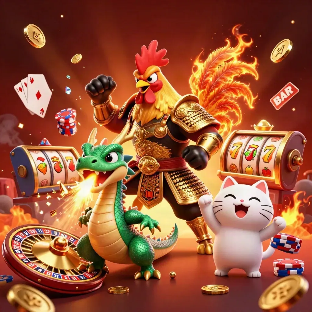 Rooster warrior, dragon hatchling, and fortune cat amid coins, gems, cards, chips, and fire