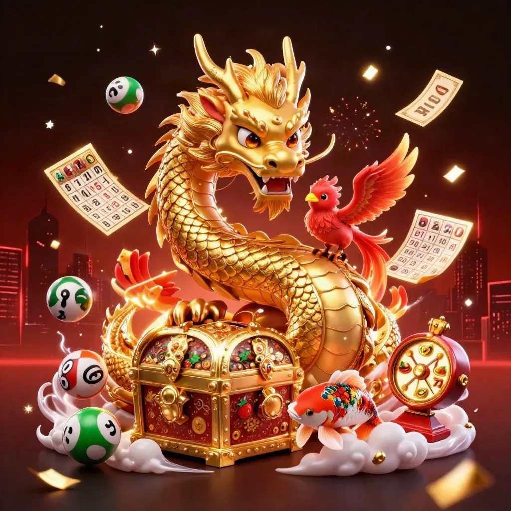 Golden dragon, baby phoenix, and koi amid casino icons, confetti, fireworks, and dark neon glow.