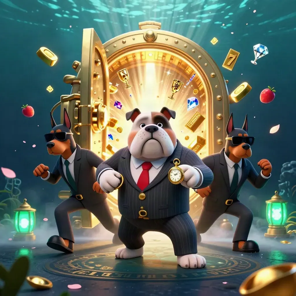 Bulldog boss and two Dobermans burst from a glowing treasure vault with gold, gems, and neon casino flair.