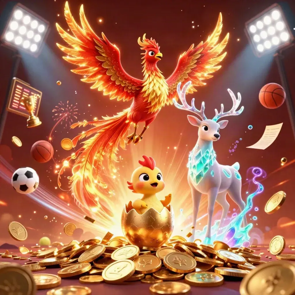 Phoenix, baby phoenix, and crystal-antler stag amid vault coins, sports balls, and fireworks.