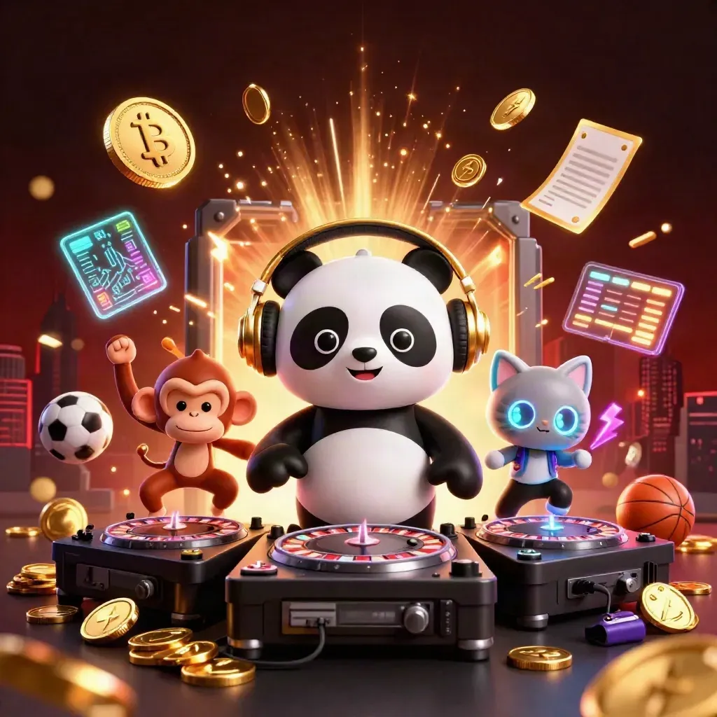 DJ panda, monkey, and kitten amid casino coins, fireworks, and neon betting elements