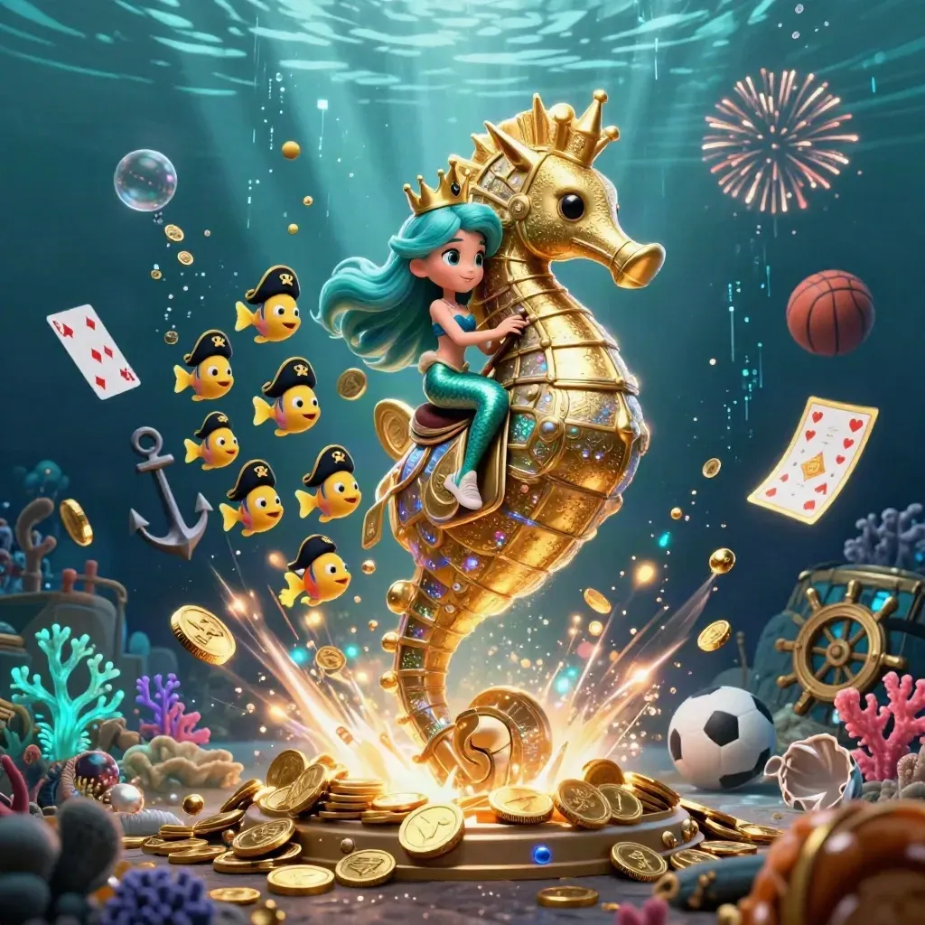 Mermaid princess on a golden seahorse amid coins, cards, coral, and casino betting icons underwater.