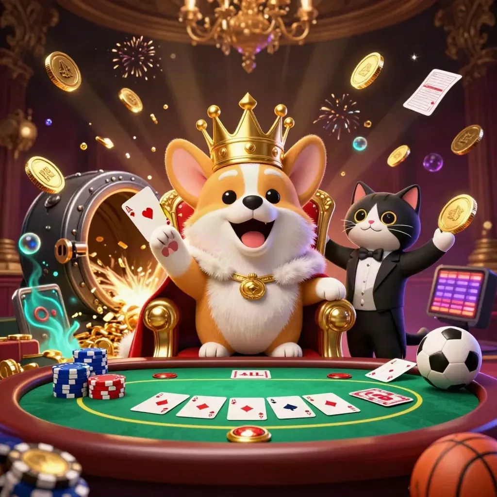 Royal corgi and cat butler amid bursting gold coins, poker chips, vault glow, and fireworks