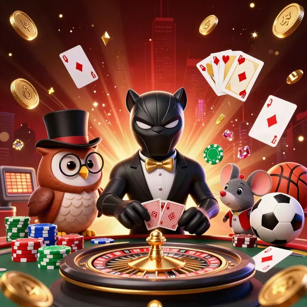 Panther, owl, and mouse amid exploding coins, chips, cards, and casino lights.