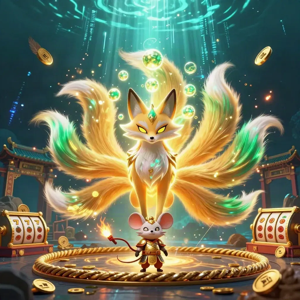 Neon nine-tailed fox spirit with armored samurai mouse, coins, reels, and glowing casino magic
