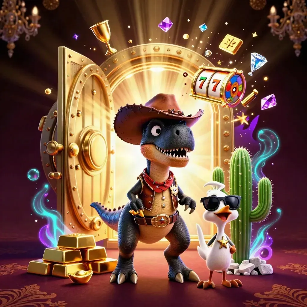 Cowboy T-Rex, cactus sidekick, and roadrunner burst from a glowing gold vault amid casino treasure.