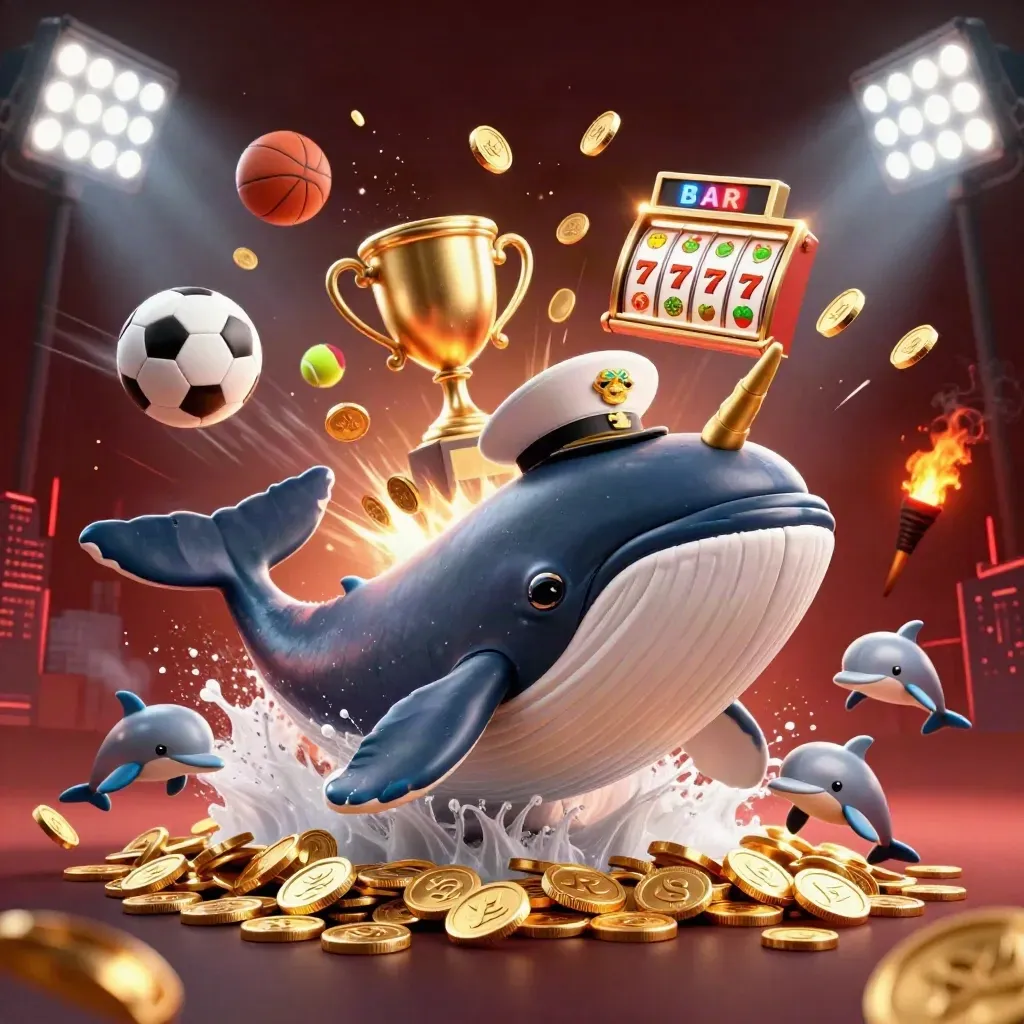 Whale captain, narwhal, and dolphins amid coins, balls, lights, trophy, and casino effects