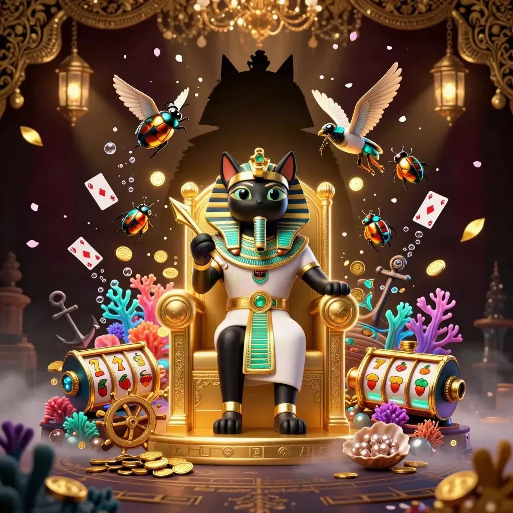 Pharaoh cat and ibis scribe on a golden throne amid coins, coral, cards, and scarabs.