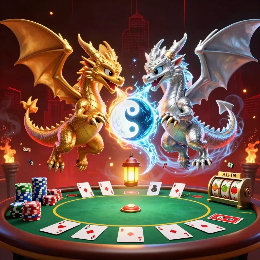 Twin gold and silver dragons spiral over casino props in a dark red neon skyline.