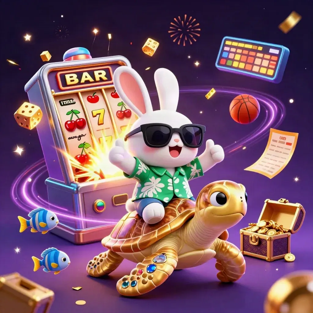 Lucky rabbit rides a golden turtle amid casino symbols, sparkles, and neon effects.