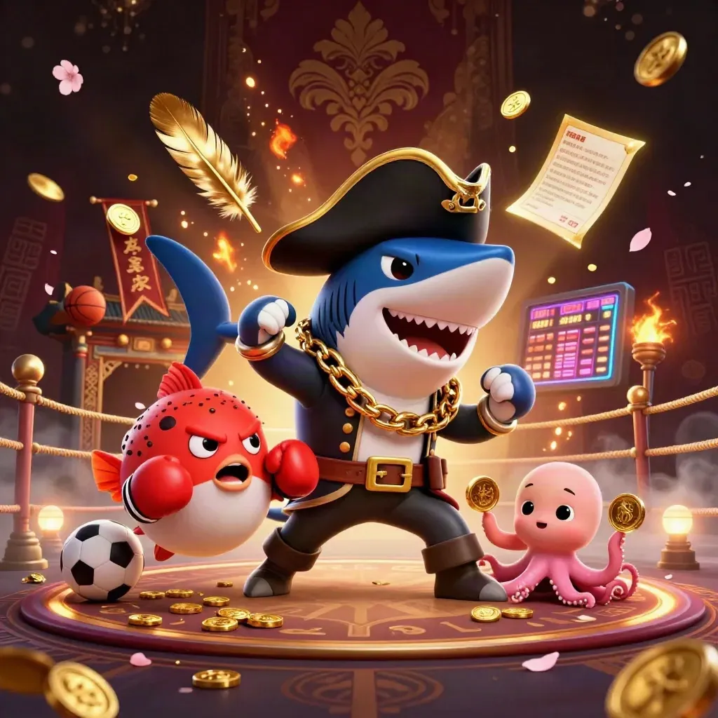 Pirate shark, boxing pufferfish, and coin-juggling octopus in gold casino glow