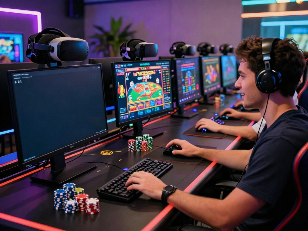 Excited player exploring casino bonus sans depot at a modern gaming desk.