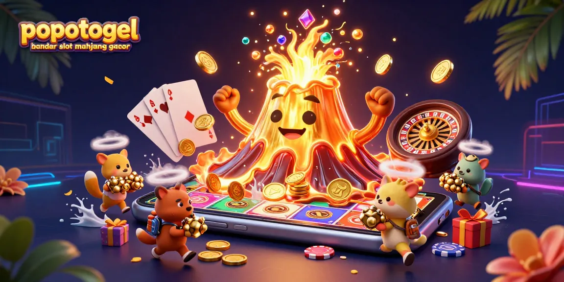 Experience the thrill of popotogel bandar slot mahjong gacor with treasures erupting from a golden volcano in vibrant 3D.