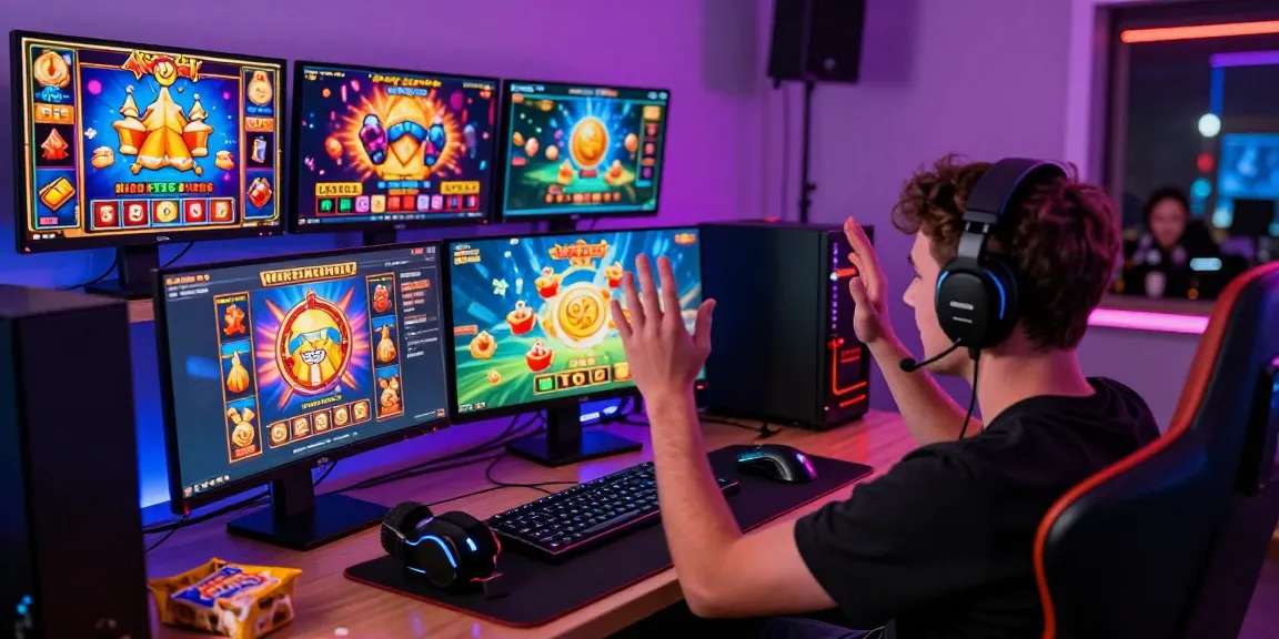 Player celebrating a win while engaging with slot depo 1000 online gaming, showcasing vibrant graphics and modern gaming setup.