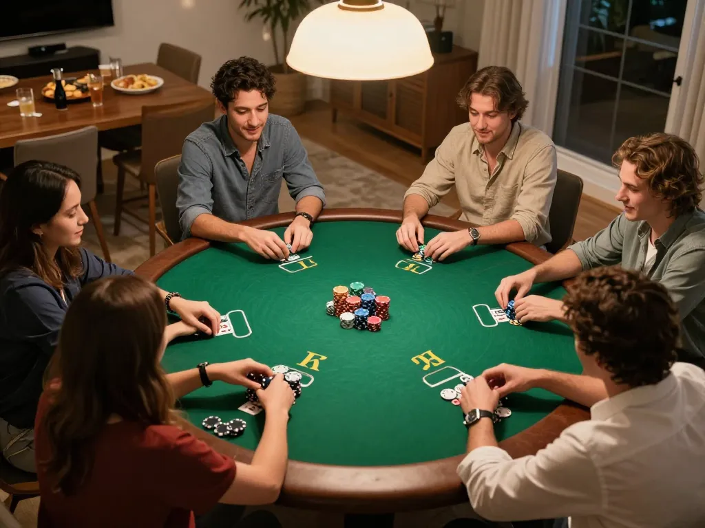 Engaging poker night scene with friends enjoying Texas Hold'em at jun88 pizza, showcasing social gambling atmosphere and strategy