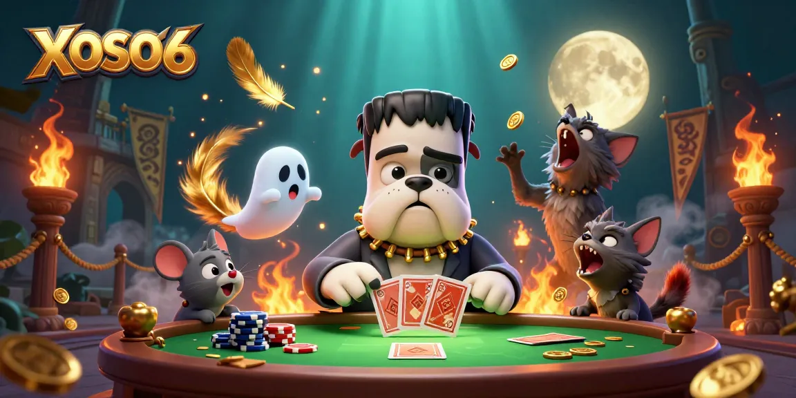 XOSO66 showcases an energetic scene with a Frankenstein bulldog dealer and winnings at an online casino.