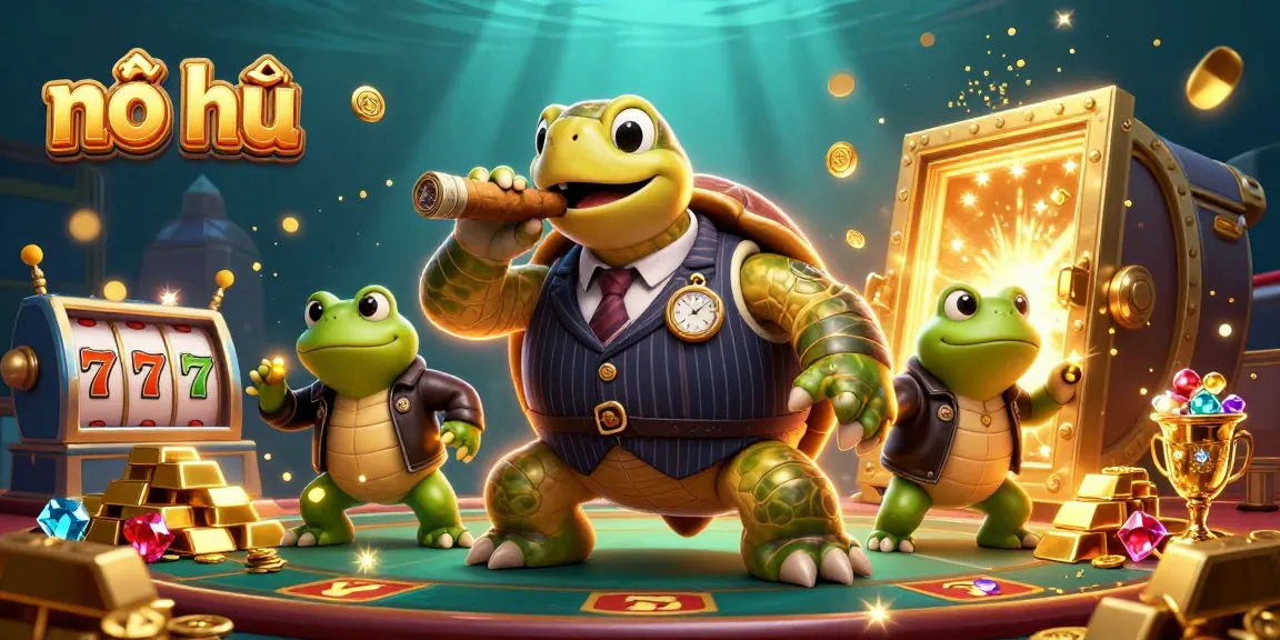 Engage with nổ hũ jackpot excitement featuring a snapping turtle mobster and bullfrog enforcers in a vibrant casino scene.