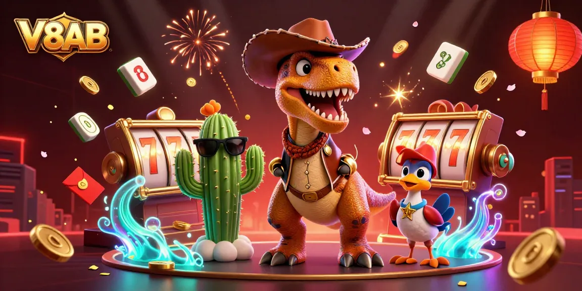 Engage in thrilling gameplay with V8AB, featuring spinning slot reels and vibrant casino elements in a dynamic 3D scene.