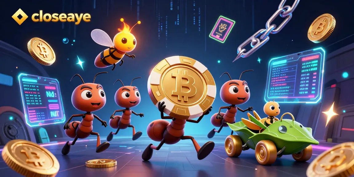 Engage with closeaye as ants carry a giant poker chip through a neon-lit heist scene.